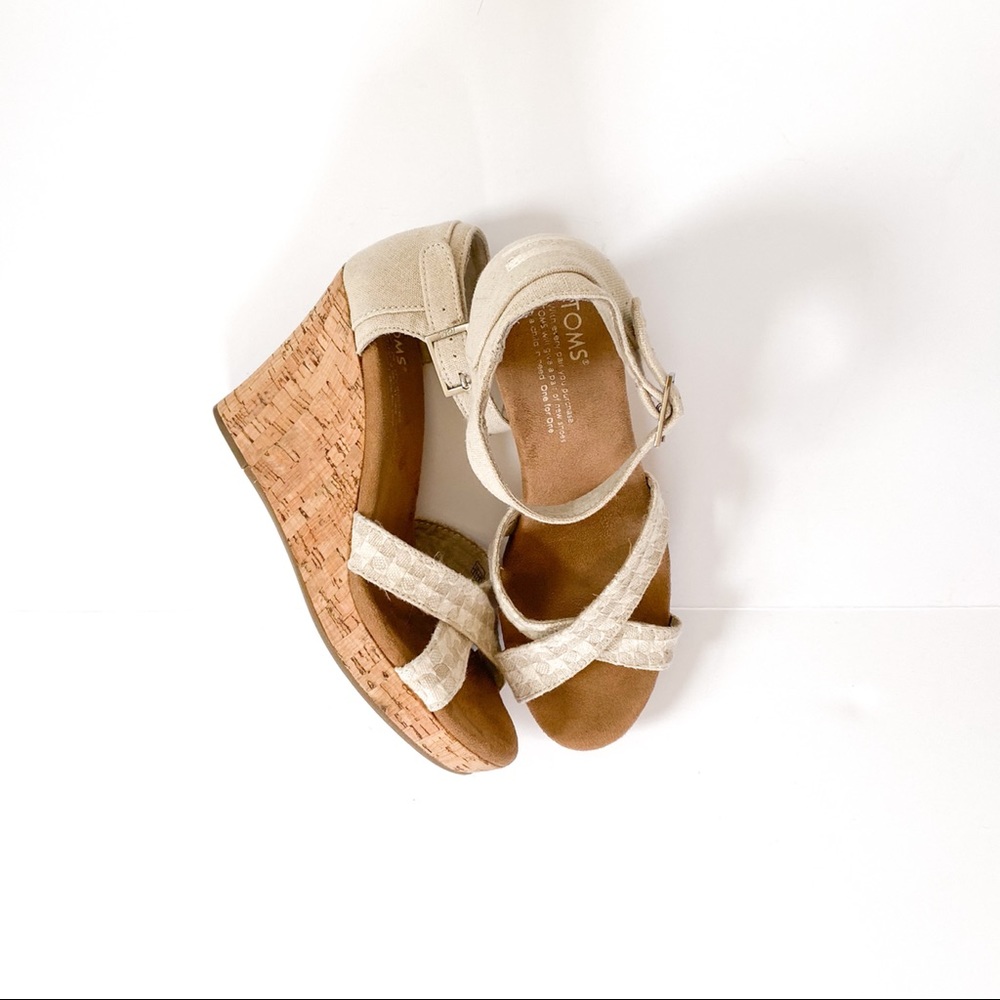 TOMS Cork Wedge Ankle Strap Canvas Sandals sz 6.5